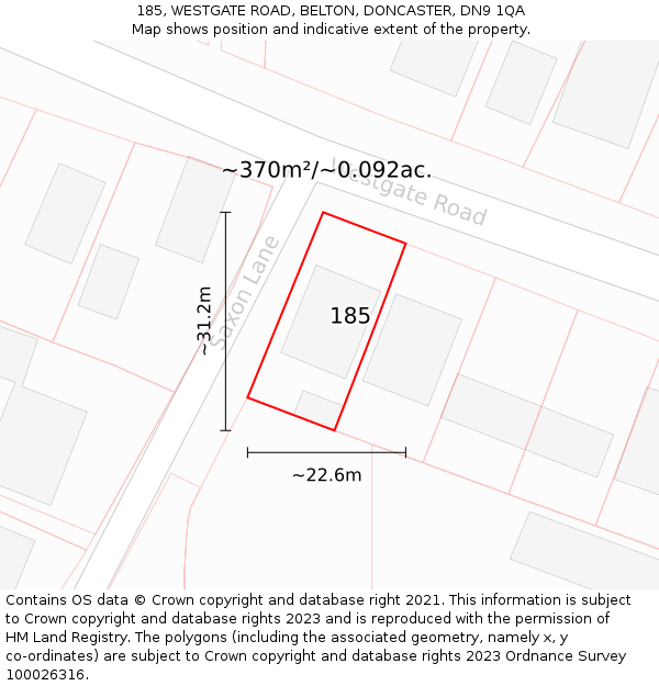 185, WESTGATE ROAD, BELTON, DONCASTER, DN9 1QA: Plot and title map