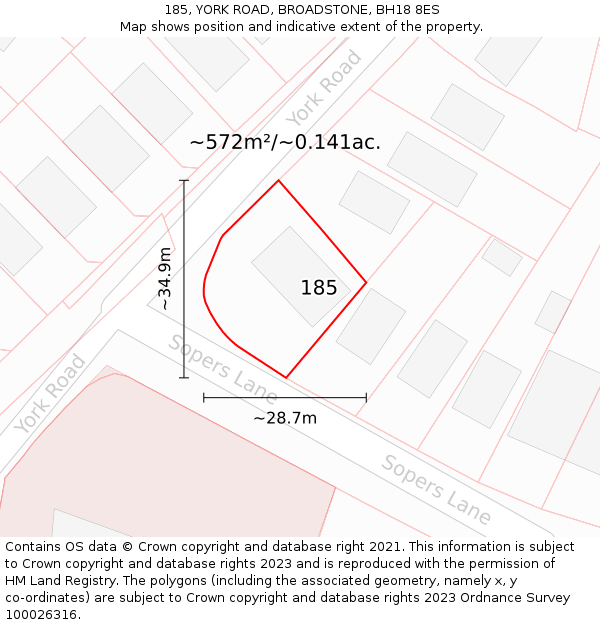 185, YORK ROAD, BROADSTONE, BH18 8ES: Plot and title map