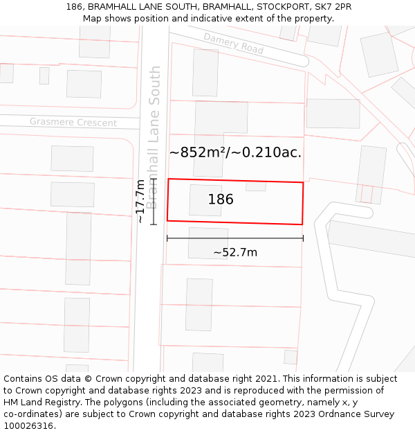 186, BRAMHALL LANE SOUTH, BRAMHALL, STOCKPORT, SK7 2PR: Plot and title map