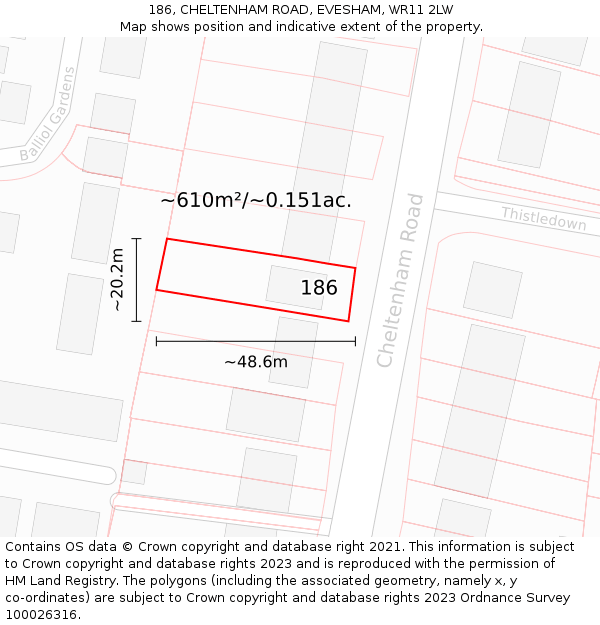 186, CHELTENHAM ROAD, EVESHAM, WR11 2LW: Plot and title map