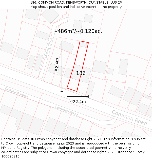 186, COMMON ROAD, KENSWORTH, DUNSTABLE, LU6 2PJ: Plot and title map