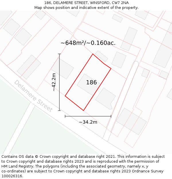 186, DELAMERE STREET, WINSFORD, CW7 2NA: Plot and title map