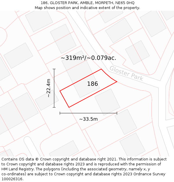 186, GLOSTER PARK, AMBLE, MORPETH, NE65 0HQ: Plot and title map