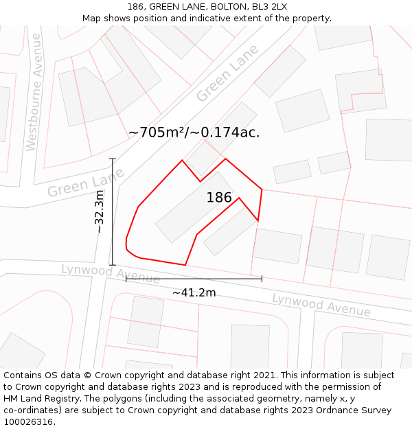 186, GREEN LANE, BOLTON, BL3 2LX: Plot and title map