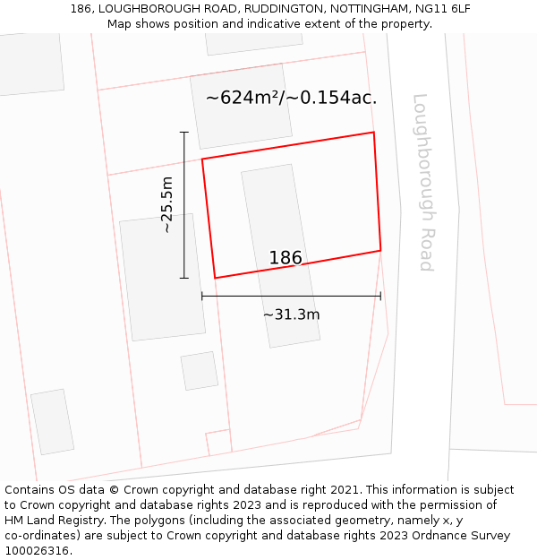 186, LOUGHBOROUGH ROAD, RUDDINGTON, NOTTINGHAM, NG11 6LF: Plot and title map