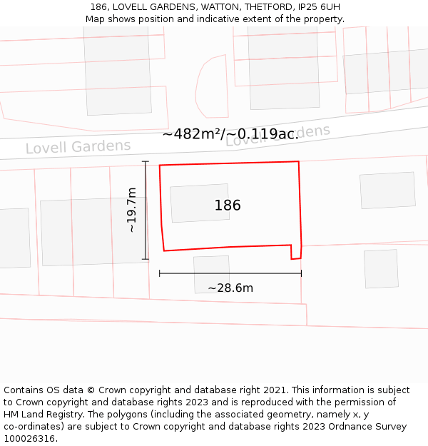 186, LOVELL GARDENS, WATTON, THETFORD, IP25 6UH: Plot and title map