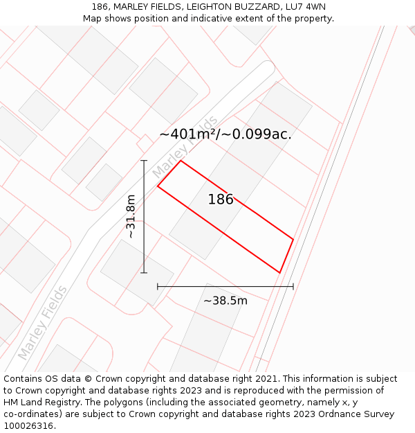 186, MARLEY FIELDS, LEIGHTON BUZZARD, LU7 4WN: Plot and title map