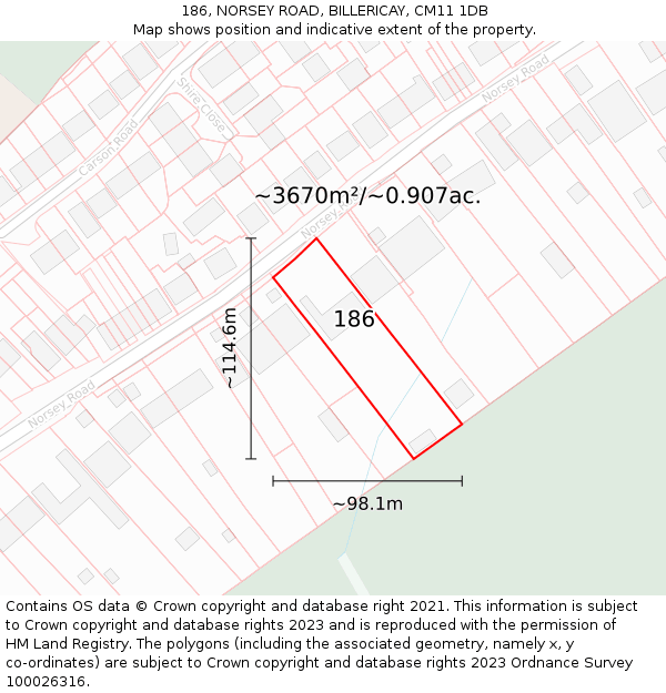 186, NORSEY ROAD, BILLERICAY, CM11 1DB: Plot and title map
