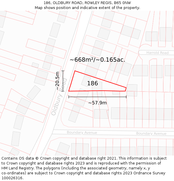 186, OLDBURY ROAD, ROWLEY REGIS, B65 0NW: Plot and title map