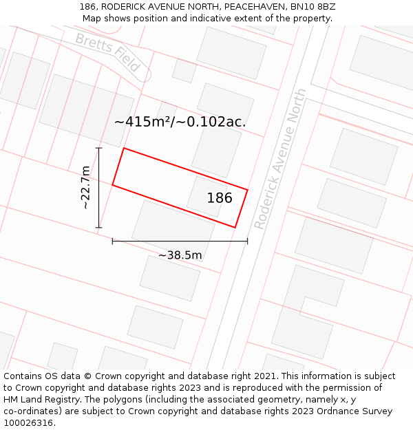 186, RODERICK AVENUE NORTH, PEACEHAVEN, BN10 8BZ: Plot and title map