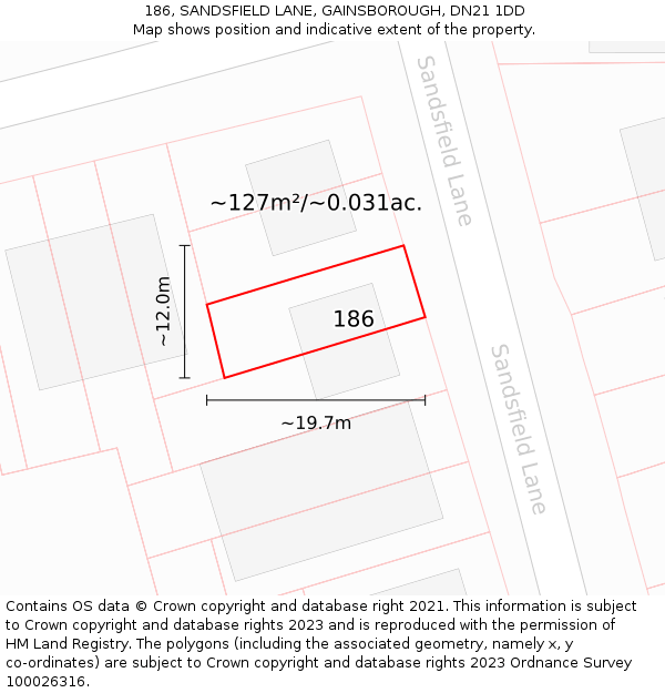 186, SANDSFIELD LANE, GAINSBOROUGH, DN21 1DD: Plot and title map