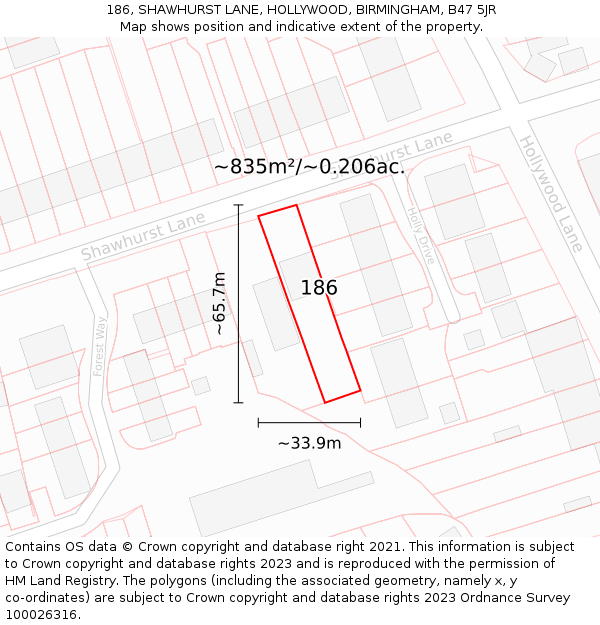 186, SHAWHURST LANE, HOLLYWOOD, BIRMINGHAM, B47 5JR: Plot and title map