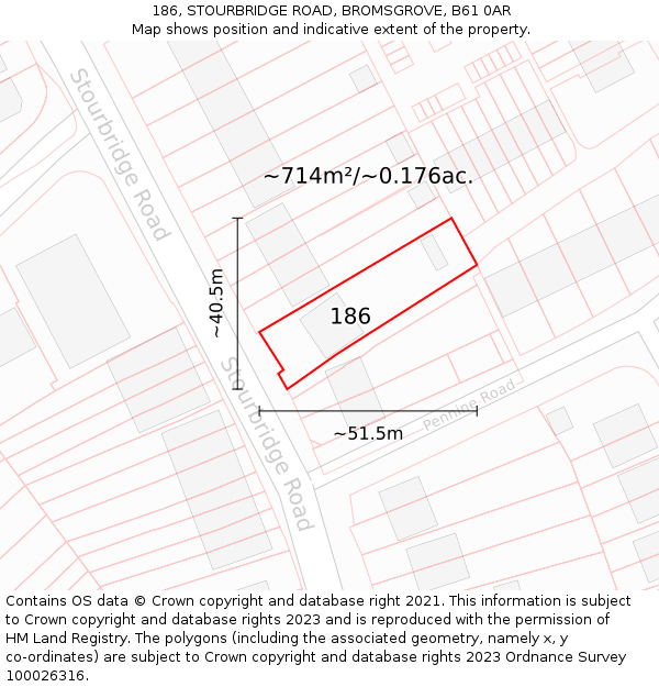 186, STOURBRIDGE ROAD, BROMSGROVE, B61 0AR: Plot and title map