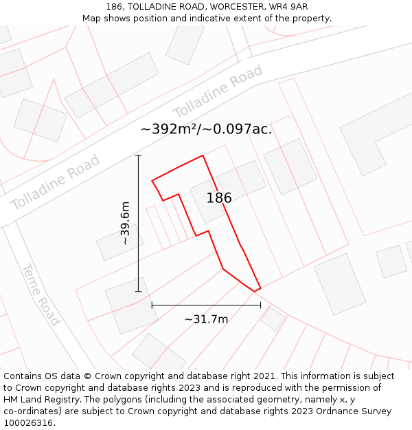 186, TOLLADINE ROAD, WORCESTER, WR4 9AR: Plot and title map