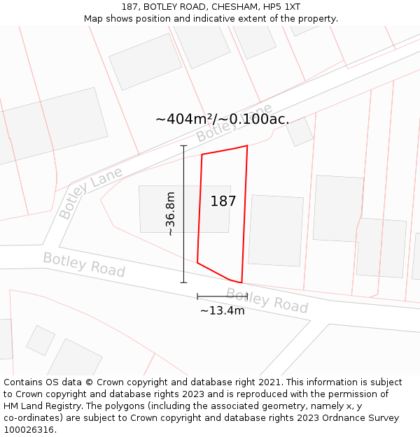 187, BOTLEY ROAD, CHESHAM, HP5 1XT: Plot and title map