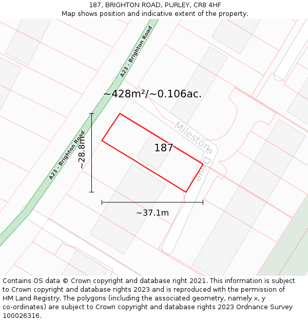 187, BRIGHTON ROAD, PURLEY, CR8 4HF: Plot and title map