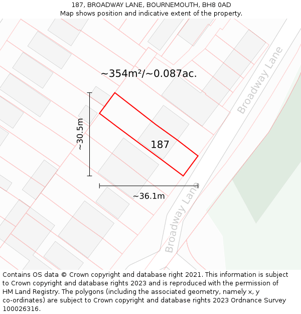 187, BROADWAY LANE, BOURNEMOUTH, BH8 0AD: Plot and title map