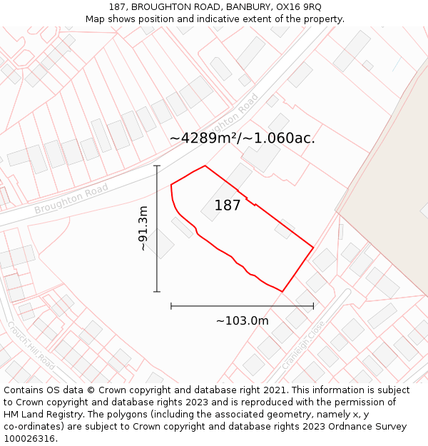 187, BROUGHTON ROAD, BANBURY, OX16 9RQ: Plot and title map