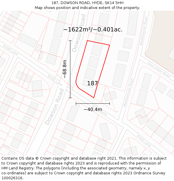 187, DOWSON ROAD, HYDE, SK14 5HH: Plot and title map