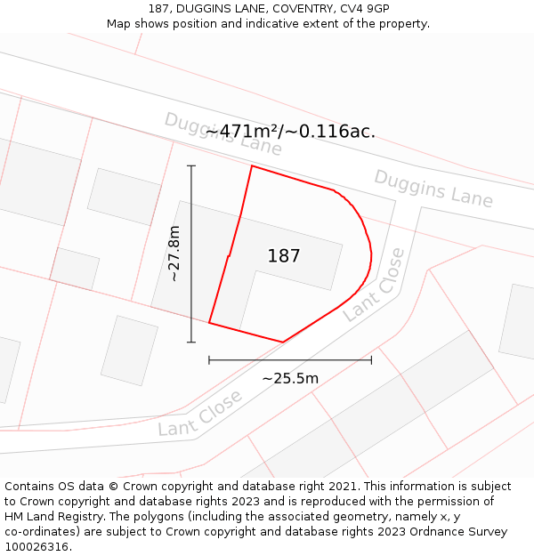 187, DUGGINS LANE, COVENTRY, CV4 9GP: Plot and title map