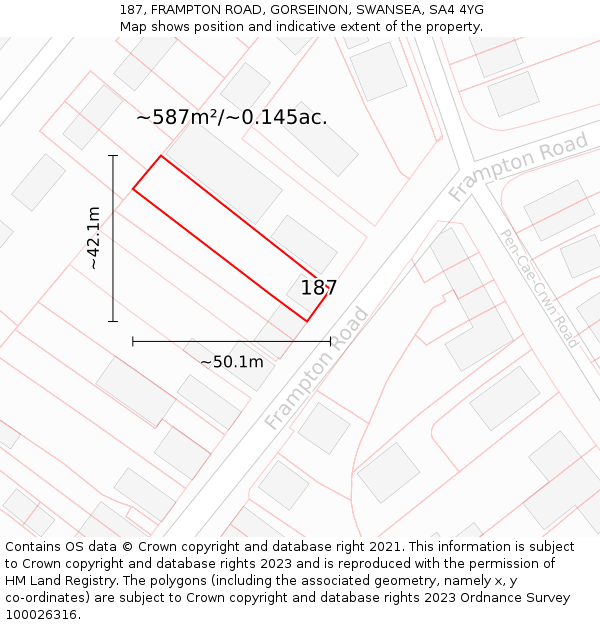 187, FRAMPTON ROAD, GORSEINON, SWANSEA, SA4 4YG: Plot and title map