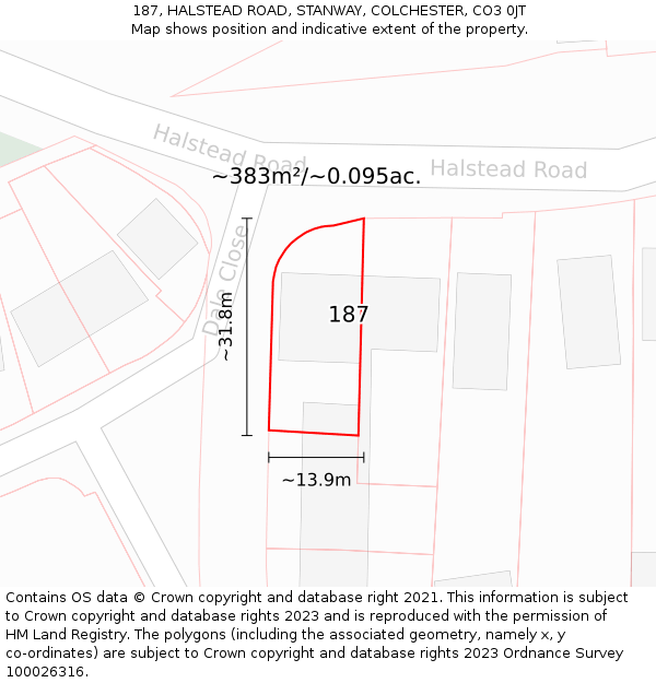 187, HALSTEAD ROAD, STANWAY, COLCHESTER, CO3 0JT: Plot and title map