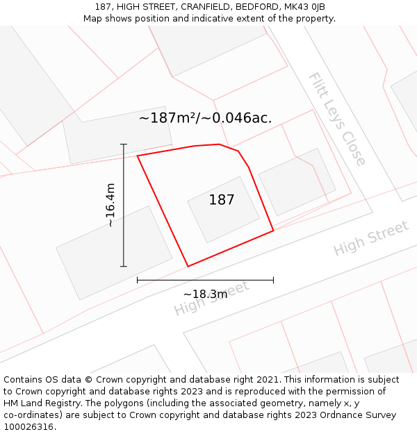 187, HIGH STREET, CRANFIELD, BEDFORD, MK43 0JB: Plot and title map