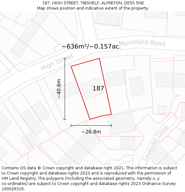 187, HIGH STREET, TIBSHELF, ALFRETON, DE55 5NE: Plot and title map