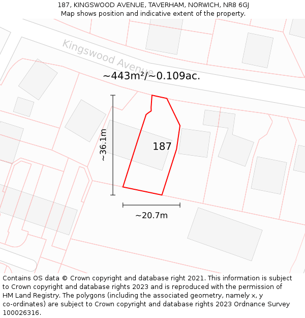 187, KINGSWOOD AVENUE, TAVERHAM, NORWICH, NR8 6GJ: Plot and title map