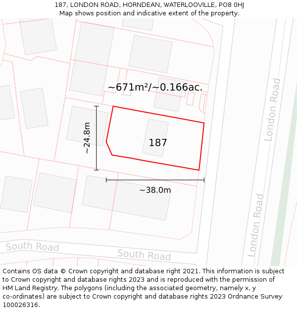 187, LONDON ROAD, HORNDEAN, WATERLOOVILLE, PO8 0HJ: Plot and title map