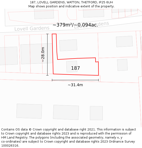 187, LOVELL GARDENS, WATTON, THETFORD, IP25 6UH: Plot and title map