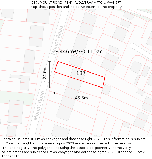 187, MOUNT ROAD, PENN, WOLVERHAMPTON, WV4 5RT: Plot and title map