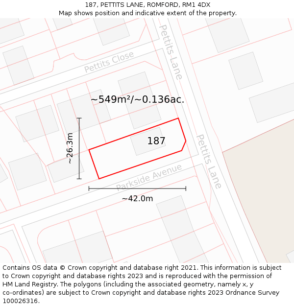 187, PETTITS LANE, ROMFORD, RM1 4DX: Plot and title map