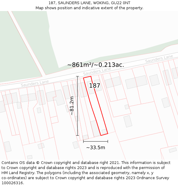 187, SAUNDERS LANE, WOKING, GU22 0NT: Plot and title map