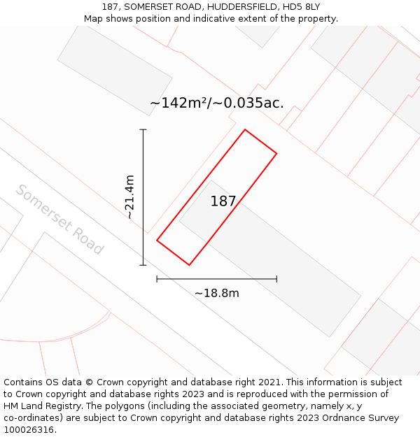 187, SOMERSET ROAD, HUDDERSFIELD, HD5 8LY: Plot and title map