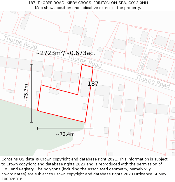 187, THORPE ROAD, KIRBY CROSS, FRINTON-ON-SEA, CO13 0NH: Plot and title map