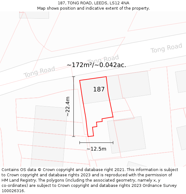 187, TONG ROAD, LEEDS, LS12 4NA: Plot and title map