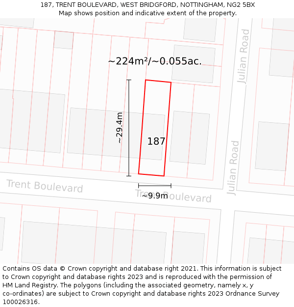 187, TRENT BOULEVARD, WEST BRIDGFORD, NOTTINGHAM, NG2 5BX: Plot and title map