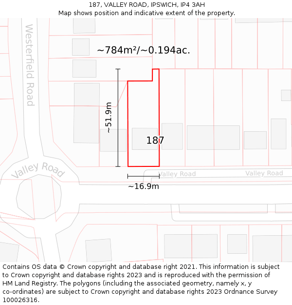 187, VALLEY ROAD, IPSWICH, IP4 3AH: Plot and title map