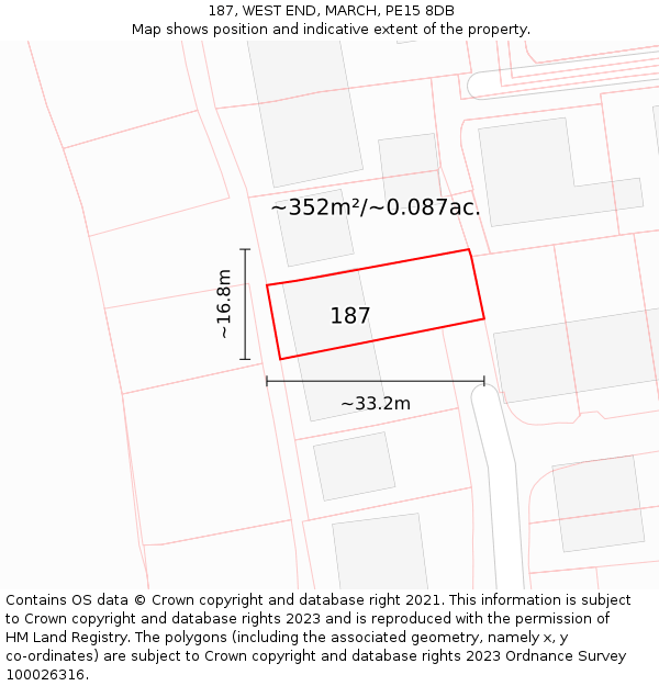 187, WEST END, MARCH, PE15 8DB: Plot and title map