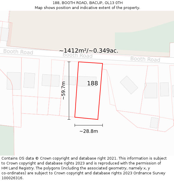 188, BOOTH ROAD, BACUP, OL13 0TH: Plot and title map