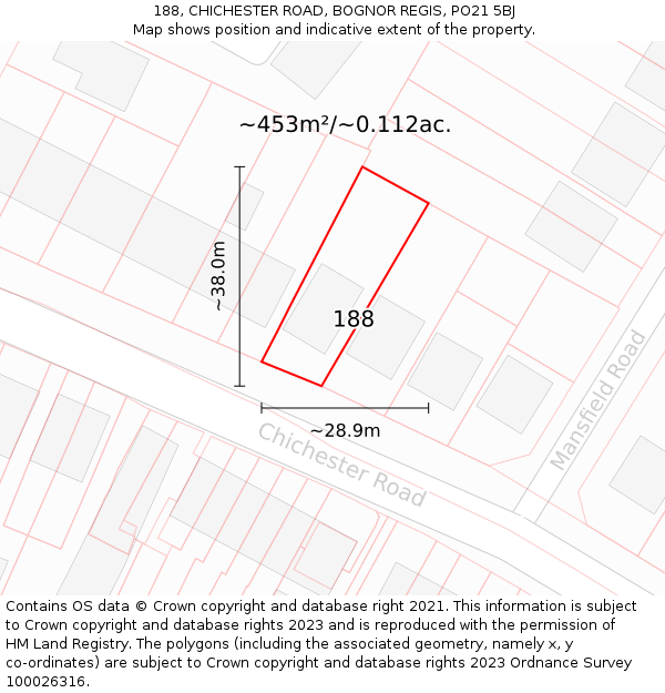 188, CHICHESTER ROAD, BOGNOR REGIS, PO21 5BJ: Plot and title map