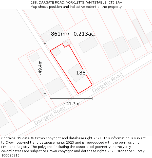 188, DARGATE ROAD, YORKLETTS, WHITSTABLE, CT5 3AH: Plot and title map