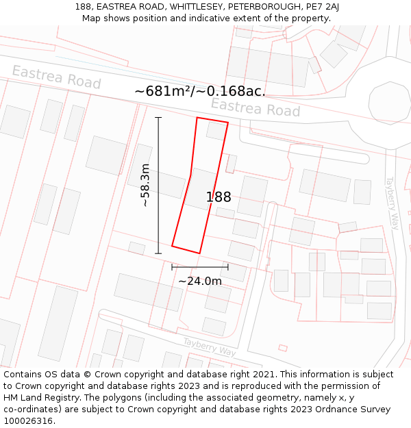 188, EASTREA ROAD, WHITTLESEY, PETERBOROUGH, PE7 2AJ: Plot and title map