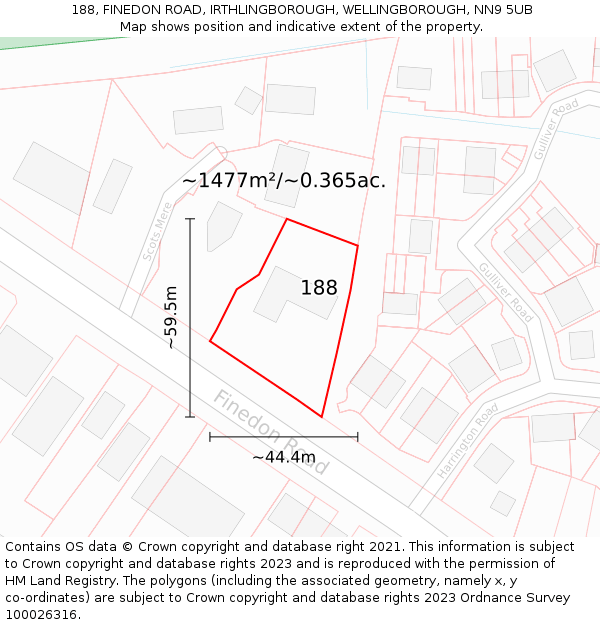 188, FINEDON ROAD, IRTHLINGBOROUGH, WELLINGBOROUGH, NN9 5UB: Plot and title map