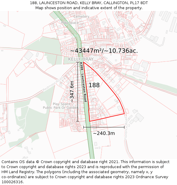 188, LAUNCESTON ROAD, KELLY BRAY, CALLINGTON, PL17 8DT: Plot and title map