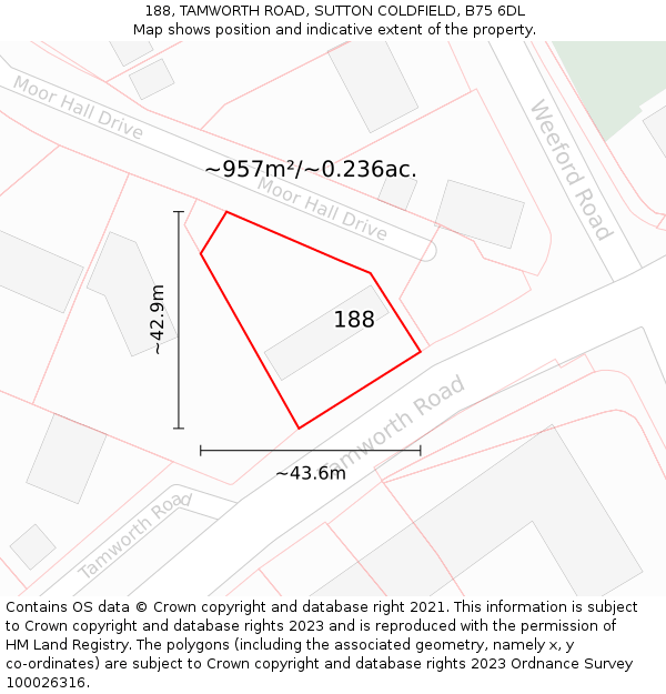188, TAMWORTH ROAD, SUTTON COLDFIELD, B75 6DL: Plot and title map