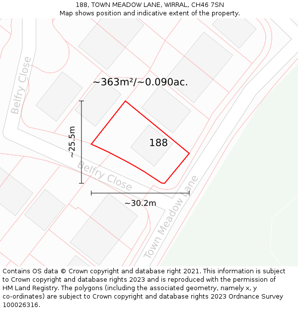 188, TOWN MEADOW LANE, WIRRAL, CH46 7SN: Plot and title map