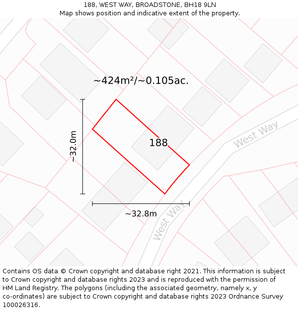 188, WEST WAY, BROADSTONE, BH18 9LN: Plot and title map