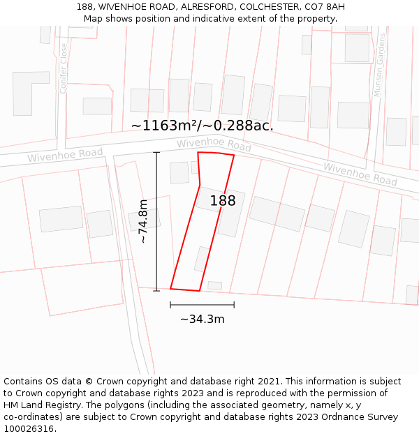 188, WIVENHOE ROAD, ALRESFORD, COLCHESTER, CO7 8AH: Plot and title map